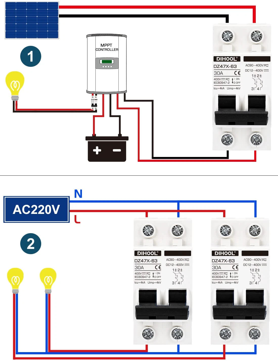 DIHOOL 6A 2-Pole Solar Disconnect Switch – Non-Polarized AC/DC Circuit Breaker