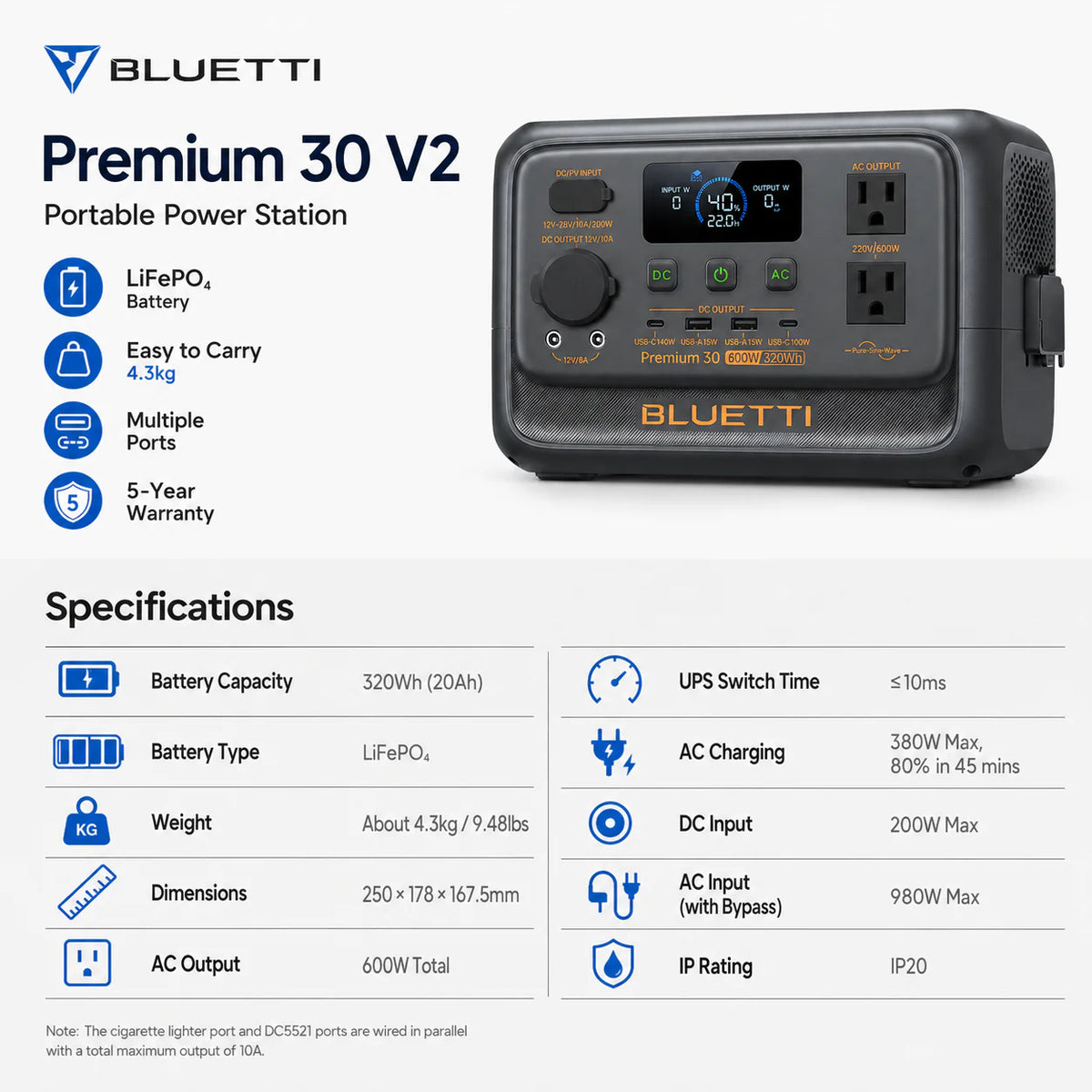 BLUETTI Premium 30 V2 Portable Power Station — Open Box | 320Wh | 600W | LiFePO₄