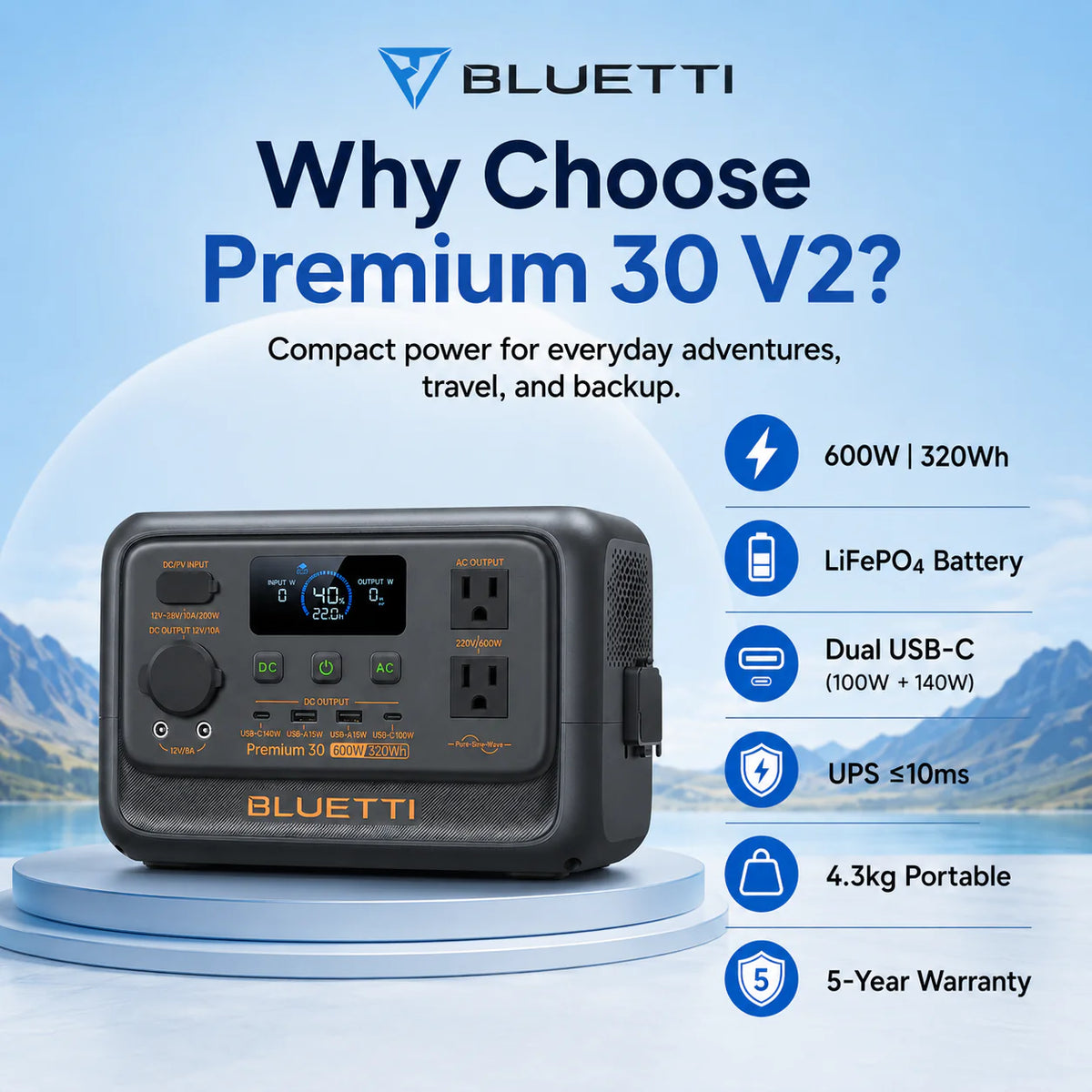 BLUETTI Premium 30 V2 Portable Power Station — Open Box | 320Wh | 600W | LiFePO₄
