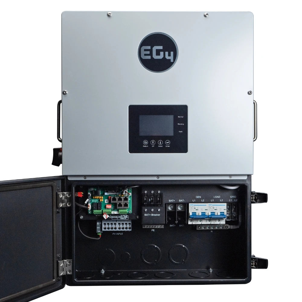 Front view of EG4 12kPV Hybrid Inverter with front cover open