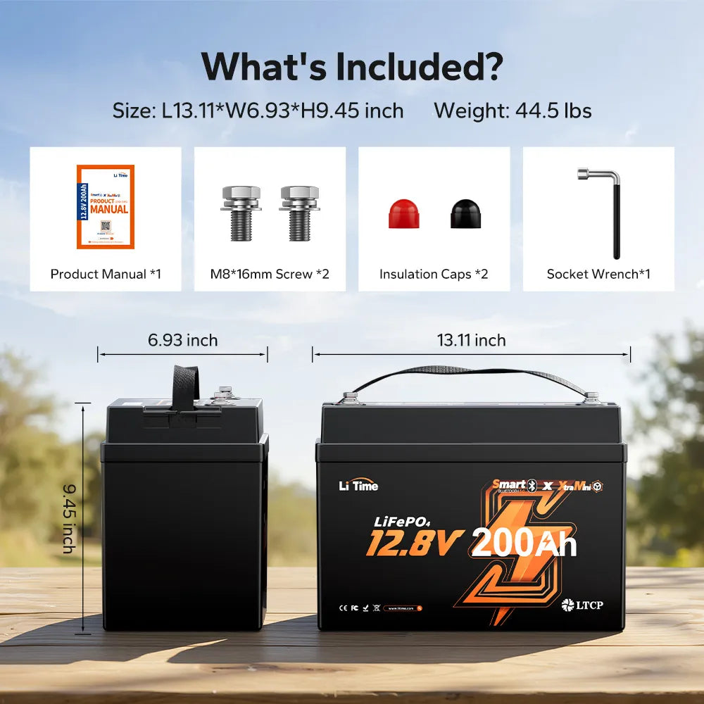 LiTime 12V 200Ah Xtra Mini Smart dimensions and included items