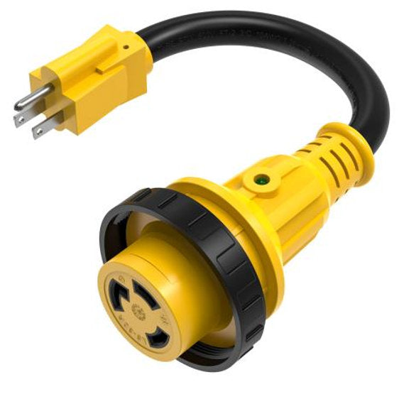 Locking plug adapter, 15A male to 30A radial female