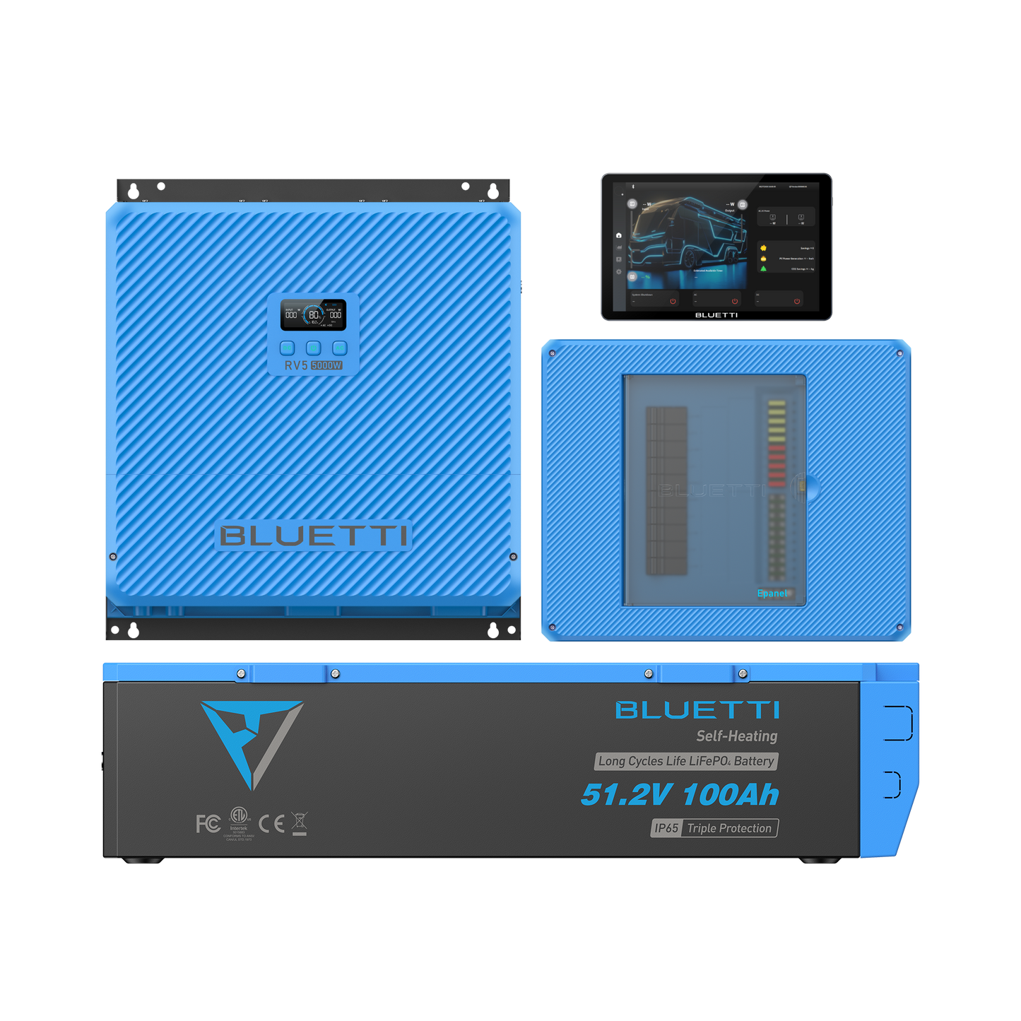 BLUETTI RV5 RV power kit with power hub, battery, Epanel, and Epad