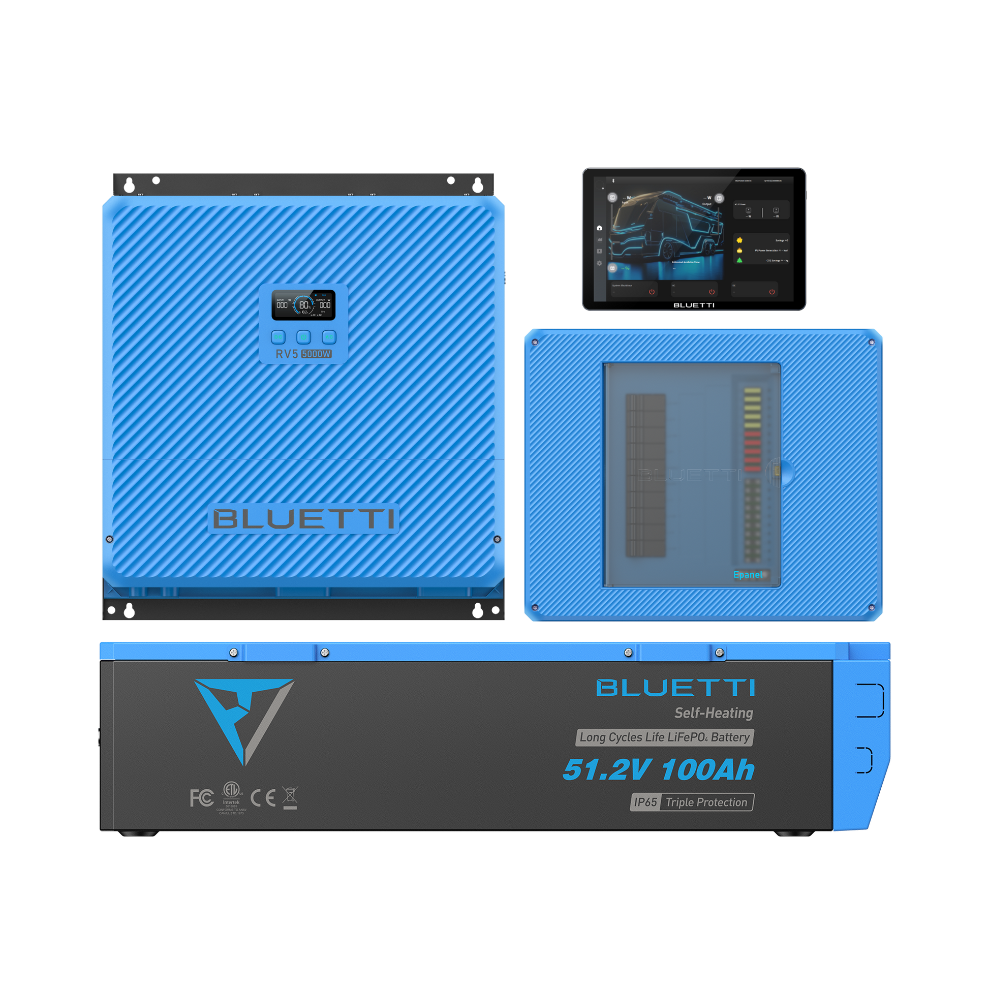 BLUETTI RV5 RV power kit with power hub, battery, Epanel, and Epad