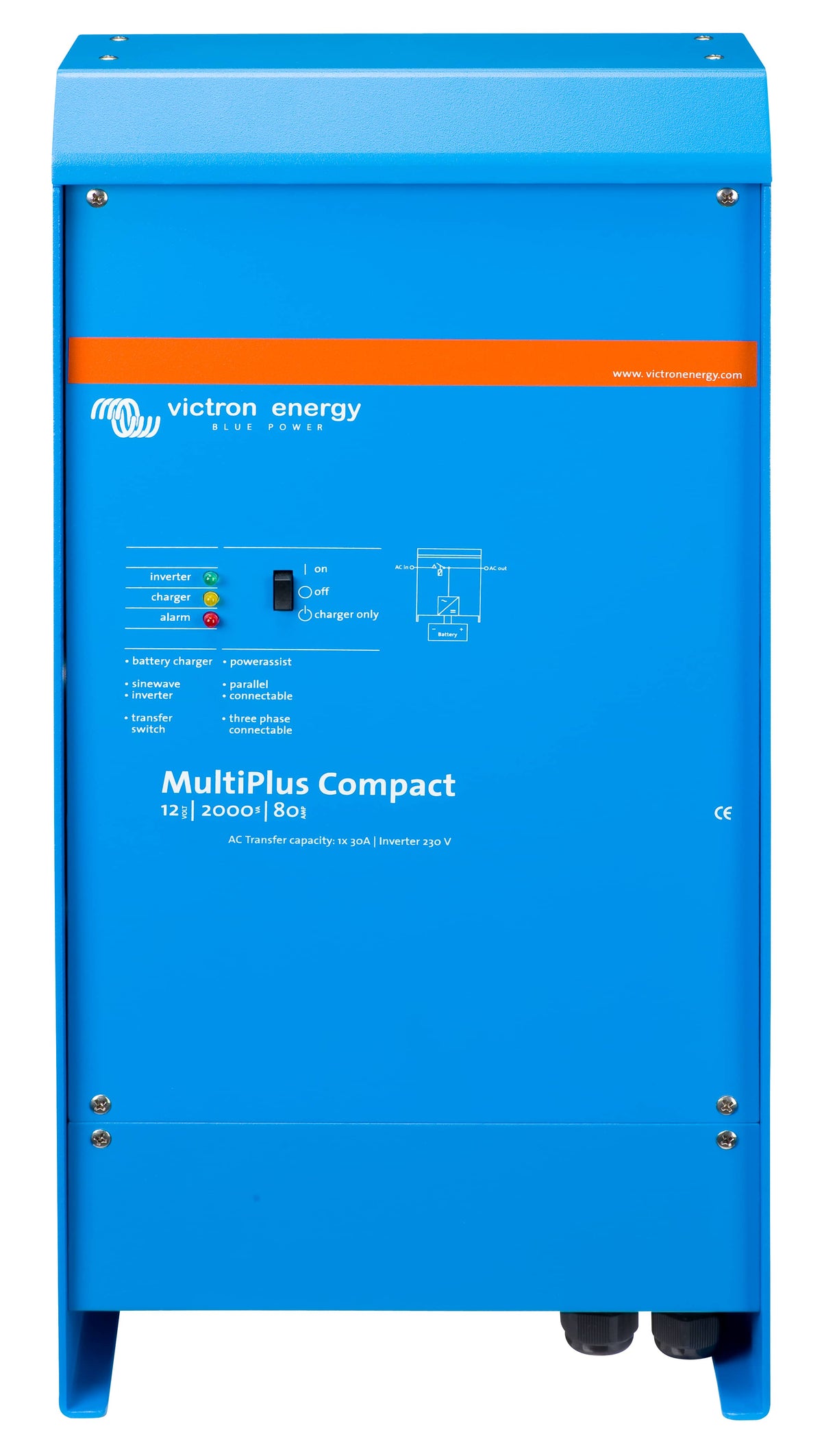Victron MultiPlus Compact 12/2000/80-50 120V inverter/charger, front view